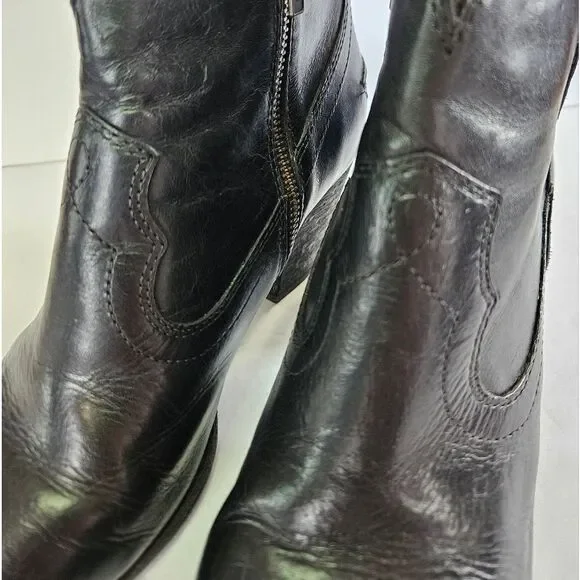 Frye Renee Seam Short Leather Stacked Heel Pointed Toe Boot Bootie In Black 9 - Picture 5 of 16